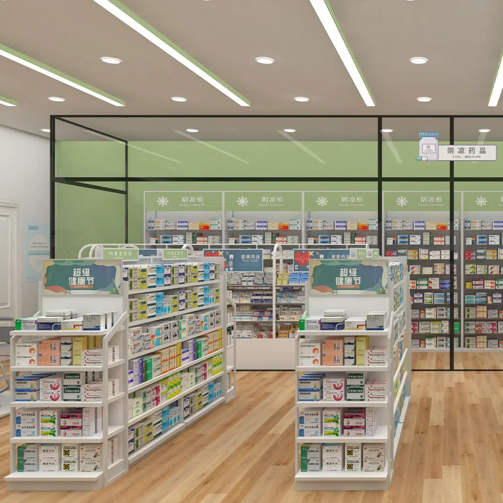 

02-DYJYS003-P1 Eco-friendly Wooden Pharmacy Shelves Retail Pharmacy Interior Design For Medicine Display Furniture
