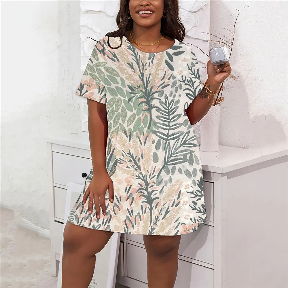 Elegante Jurk Met Bloemenprint Dames Jurk Met Korte Mouwen 2024 Nieuwe Zomer Casual Losse Vintage Plus Size Mini Jurk 9xl