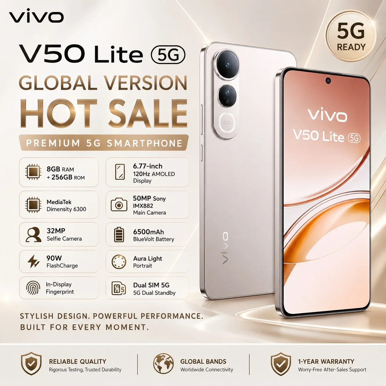 2026 new VIVO V50 Lite 5G Premium Smartphone 8GB+256GB Dimensity 6300 32MP Selfie Aura Light 6500mAh Battery 90W FlashCharge