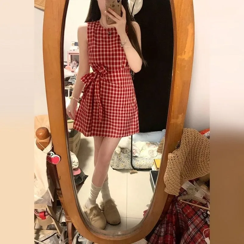 

French Red Checkered Halter Dress for Children New Sleeveless Vest Short Summer Skirt Fashionable and Stylish Women's Clothing