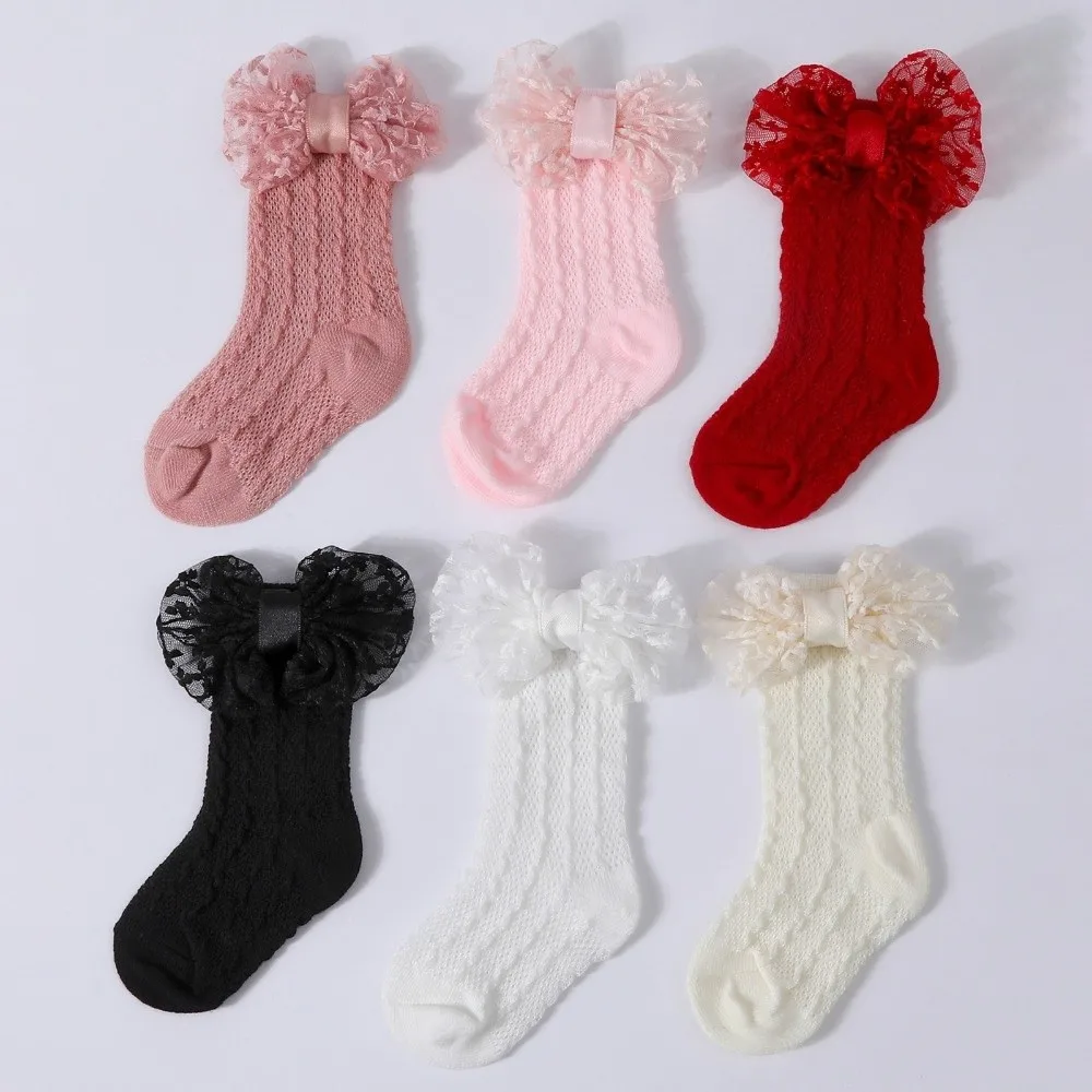 2PCS/Set Solid Color Headband Socks Hollow Out Elastic Knit Socks Set Lace Bow Breathable Lace Bow Socks 3-12M Newborn Girl