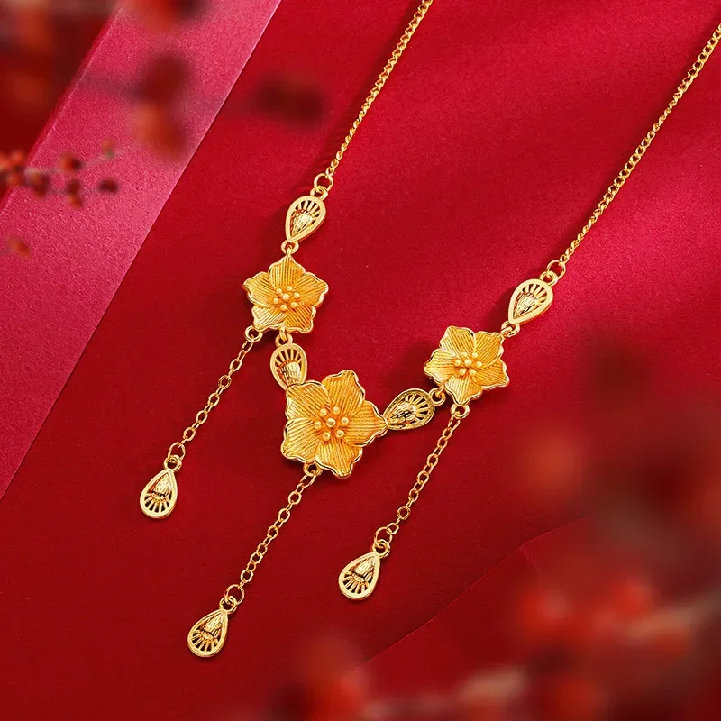 

9999 Real Gold 24K Niche Design Sense New Chinese Water Drop Strawberry Three Flower Set Chain Bridal Flower Wedding Necklace