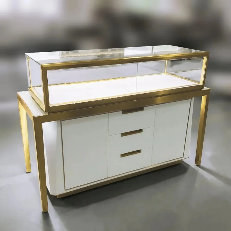 

Custom. jewelry shop retail display counter furniture luxury jewellery display cabinet locking glass showcase with base storage