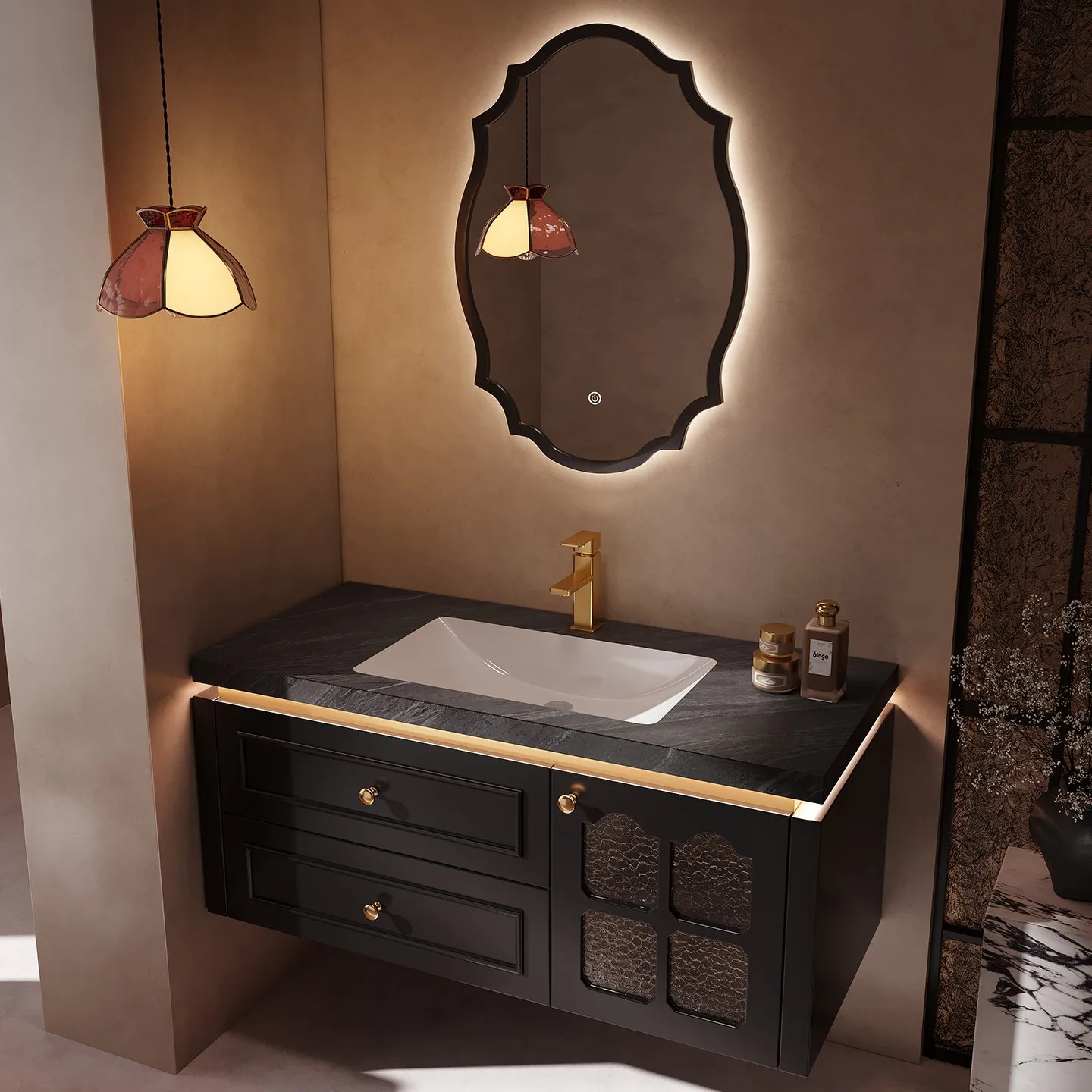 Factory Direct 2026 French light luxury oak bathroom cabinet ceramic integrated basin bathroom rock slab washstand hand washbasi