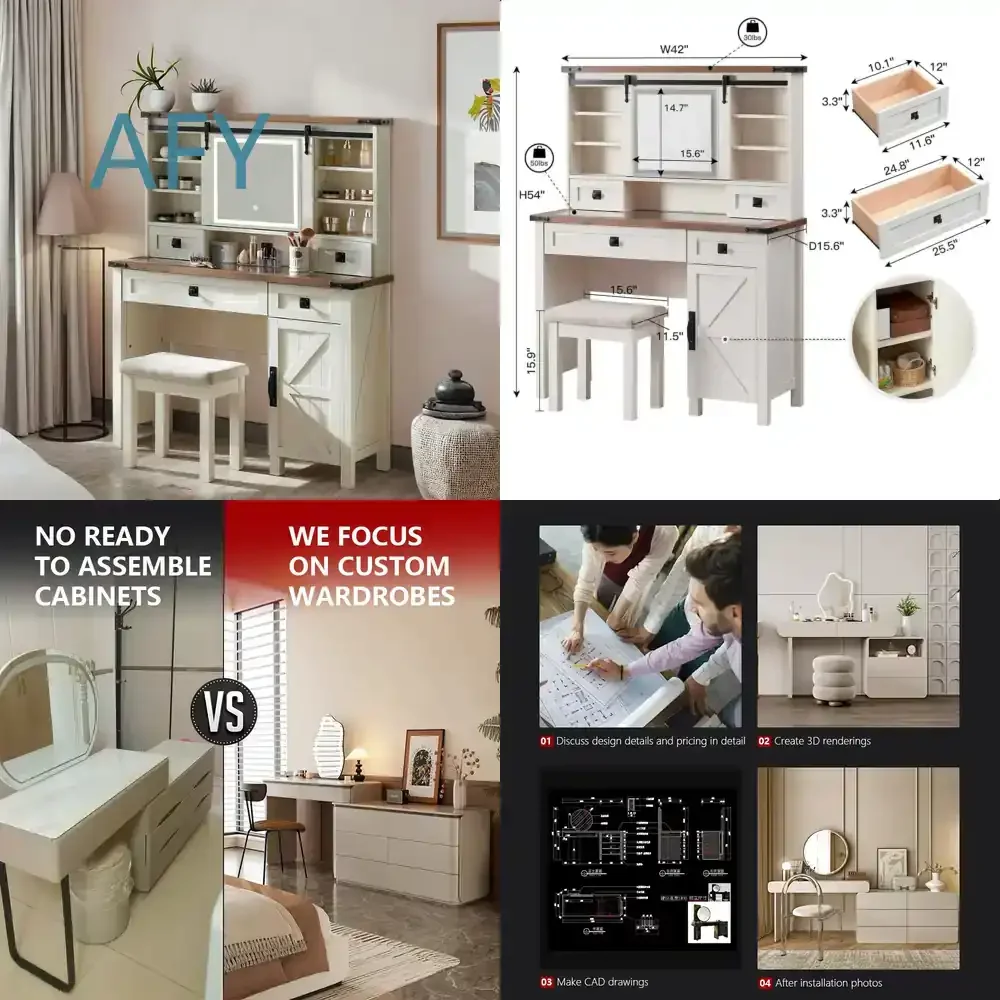 OEM Dressing Table with Stool Set for Makeup Vanity Desk Three Color Options Movable LED Light Mirror MDF Drawer Storage for