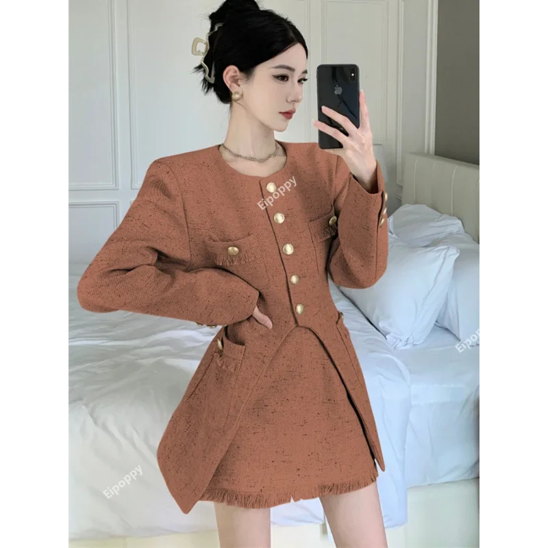 2024 New Small Fragrance Tweed Fashion Ladies Set Chic O Neck Jacket + vita alta A Line Slim Skirt Set coreano A due pezzi