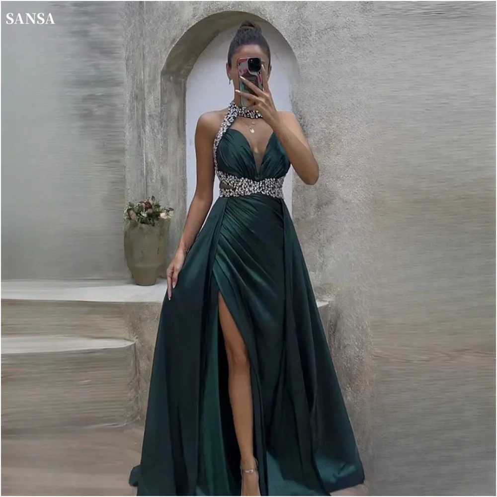 Sansa Customized Dark Green Sleeveless Party Dresses A-Line Halter Neck Vestidos de fiesta Satin Crystal Bead String فساتين سهرة