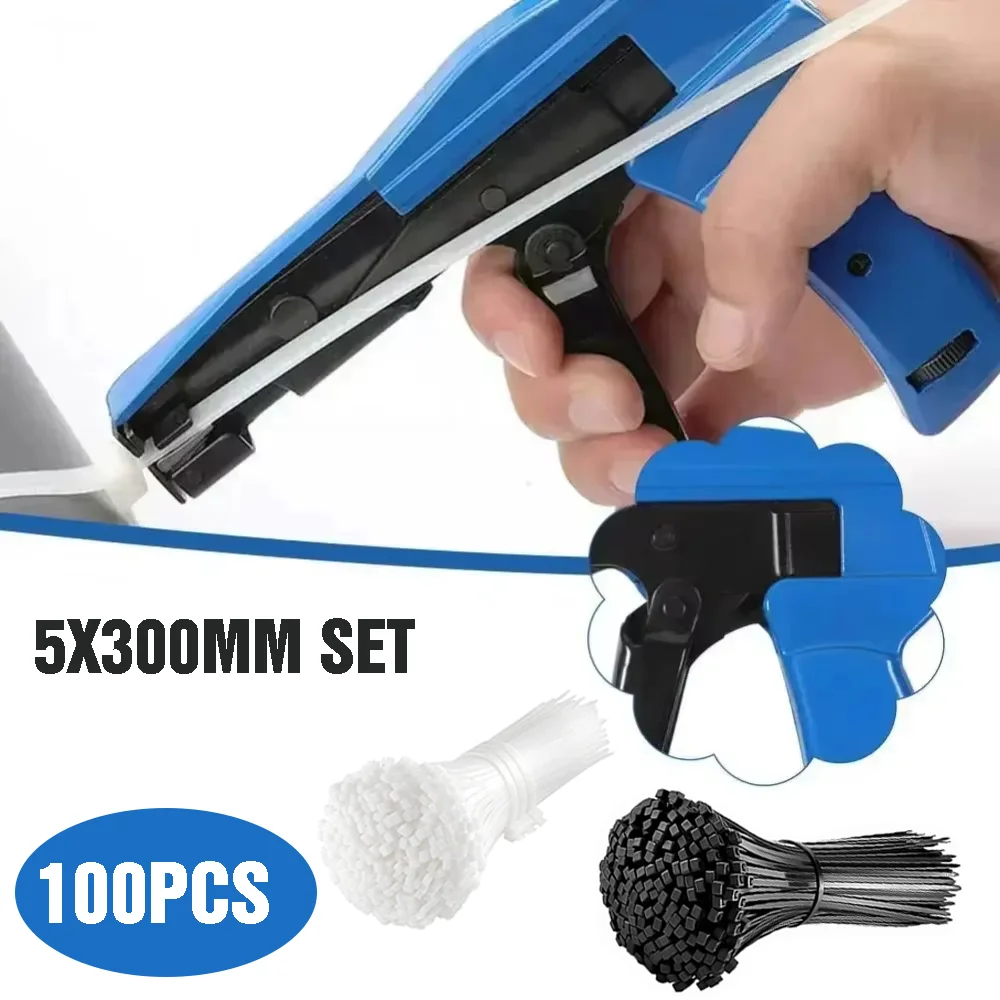 Cable Tie Gun SET 100PCS Plastic Nylon Ties Fastening and Cut-Off Tie Tool Adjustable Suitable for 2.2-4.8mm Width Tie Hand Tool