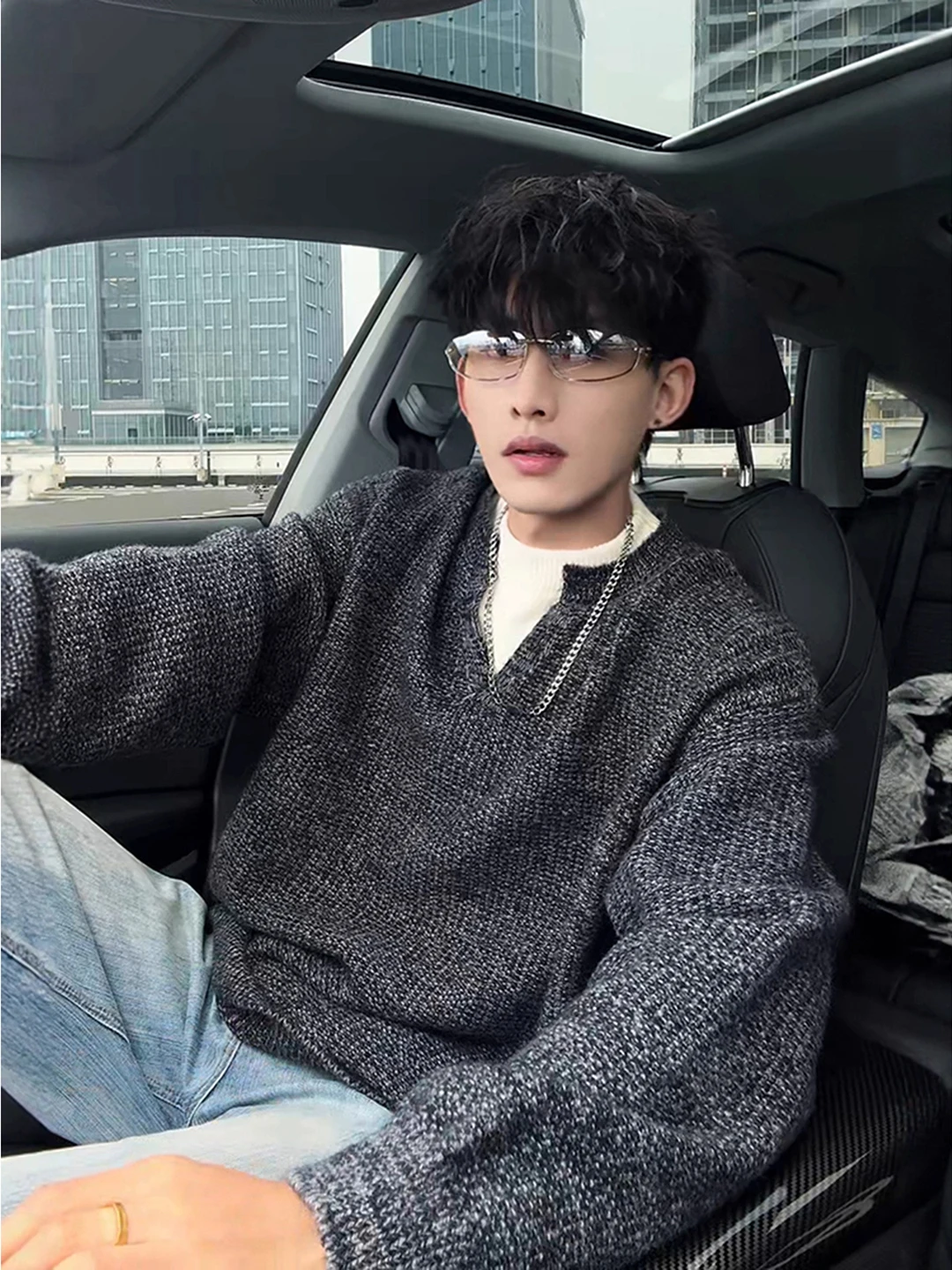 

Мужской вязаный свитер с V-образным вырезом, повседневный, зимний, утепленный, базовый слой, имитация двухслойной вязаной одежды