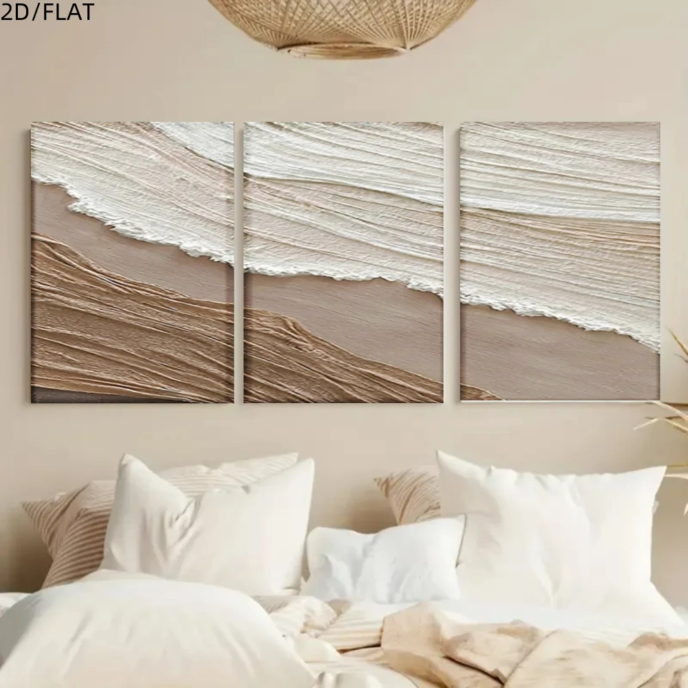 Nordic 3‑Piece Framed Wall Hanging, Light Beige Canvas Print With Beach Wave Texture, Wall Art for Living Room Bedroom