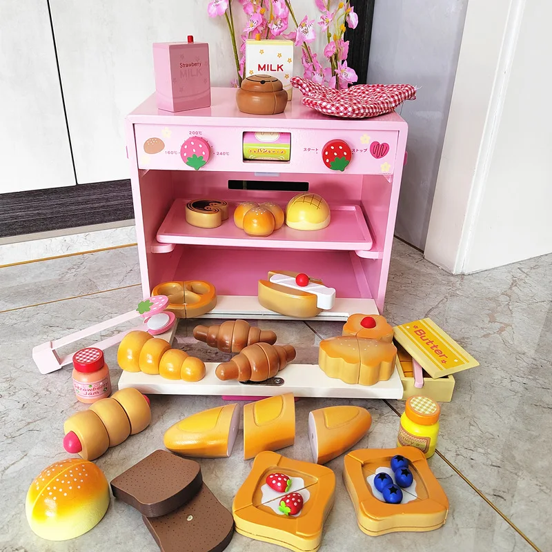 Zabawka piekarnik drewniany truskawkowy nowy styl 2025, dom dla dzieci, symulacja kuchenki mikrofalowej, toster, prezent dla niemowlaka