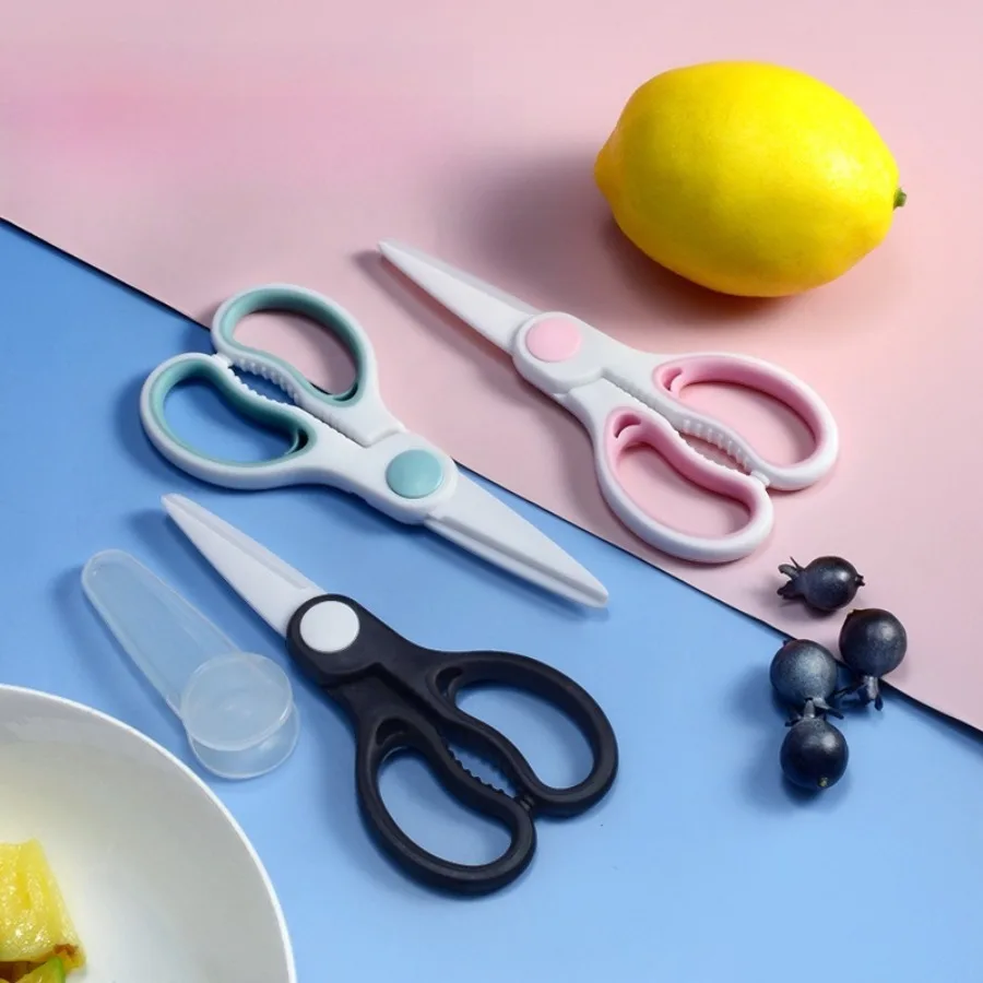Ceramic Scissors, Complementary Food Scissors, Noodles, Meat, Vegetables, Fruits Scissors with Cutting Sleeves