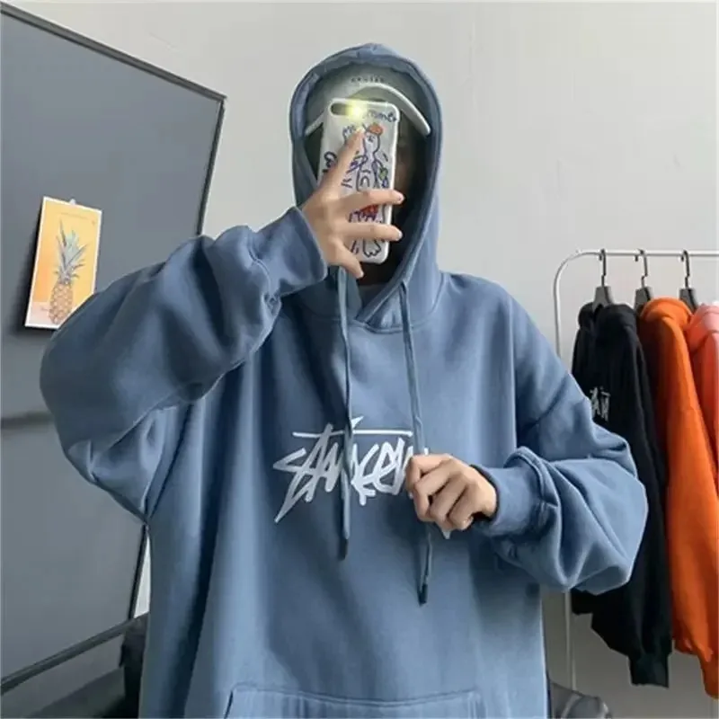 Trendy Letter Print Fleece-lined Hooded Sweatshirt For Men Loose Fit Casual Style Autumn/winter Fashion Hong Kong Couple Jacket