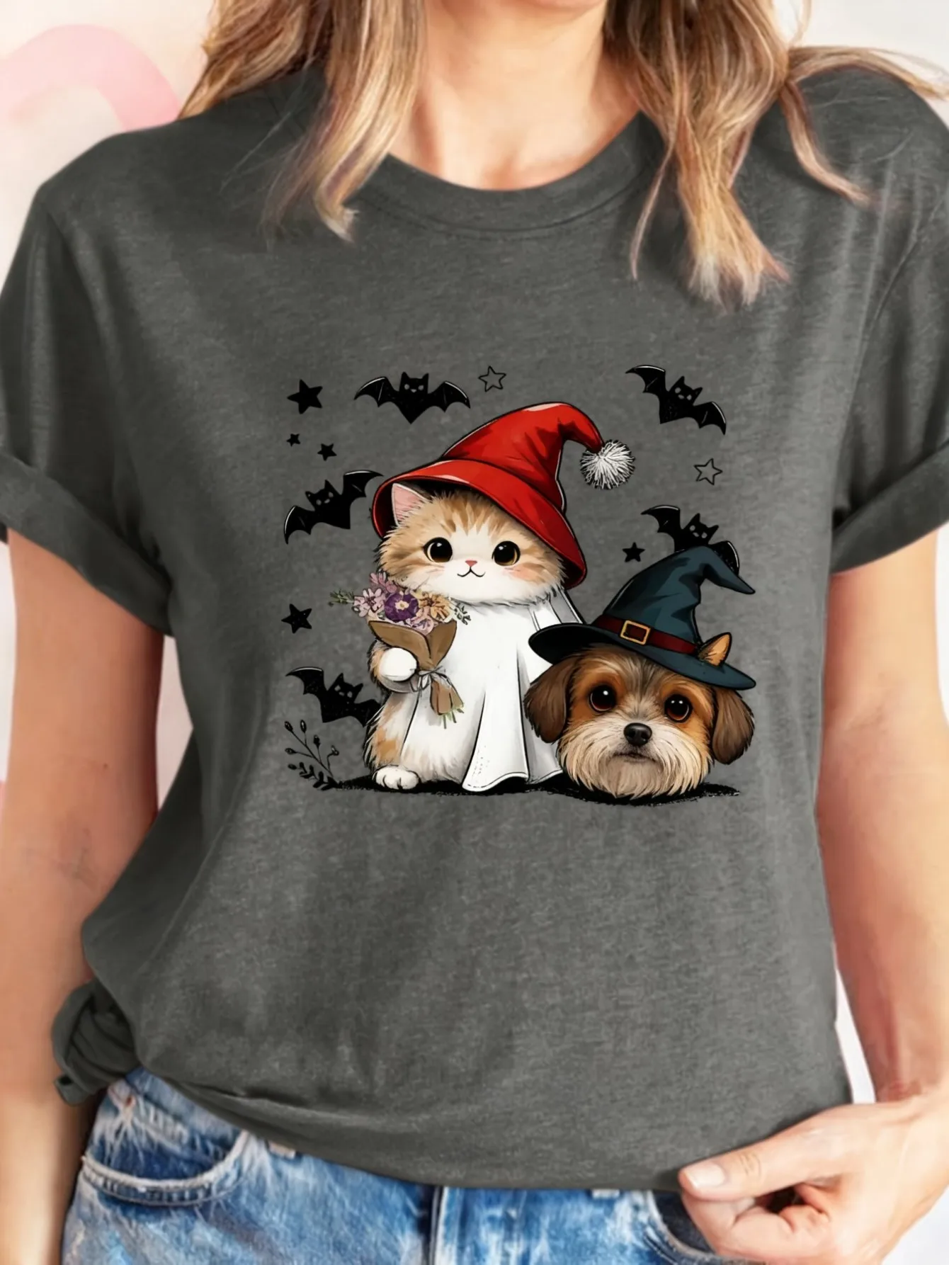 Camiseta de manga corta para mujer de talla grande, disfraz de gato y perro para Halloween, prendas imprescindibles para primavera y verano, ropa de verano para mujer
