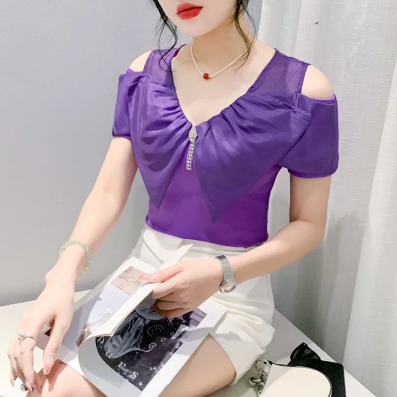 New 2024 Summer Korean Women Sexy V-neck Chic Diamonds T-shirt  Fashion Off Shoulder Short Sleeve Tops Elastic Slim Cotton Tees