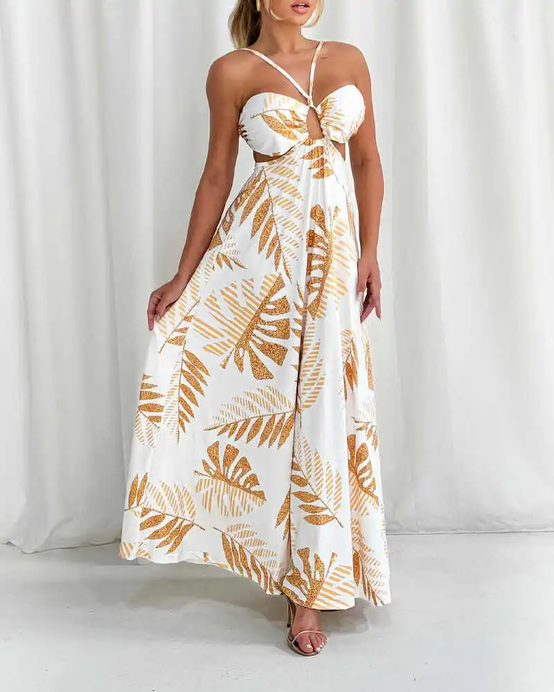 Damska sukienka plażowa z nadrukiem, ażurowa, z wysokim stanem, długa spódnica, dekolt w serek, wyszczuplająca, rozkloszowana, letnia kolekcja 2024.