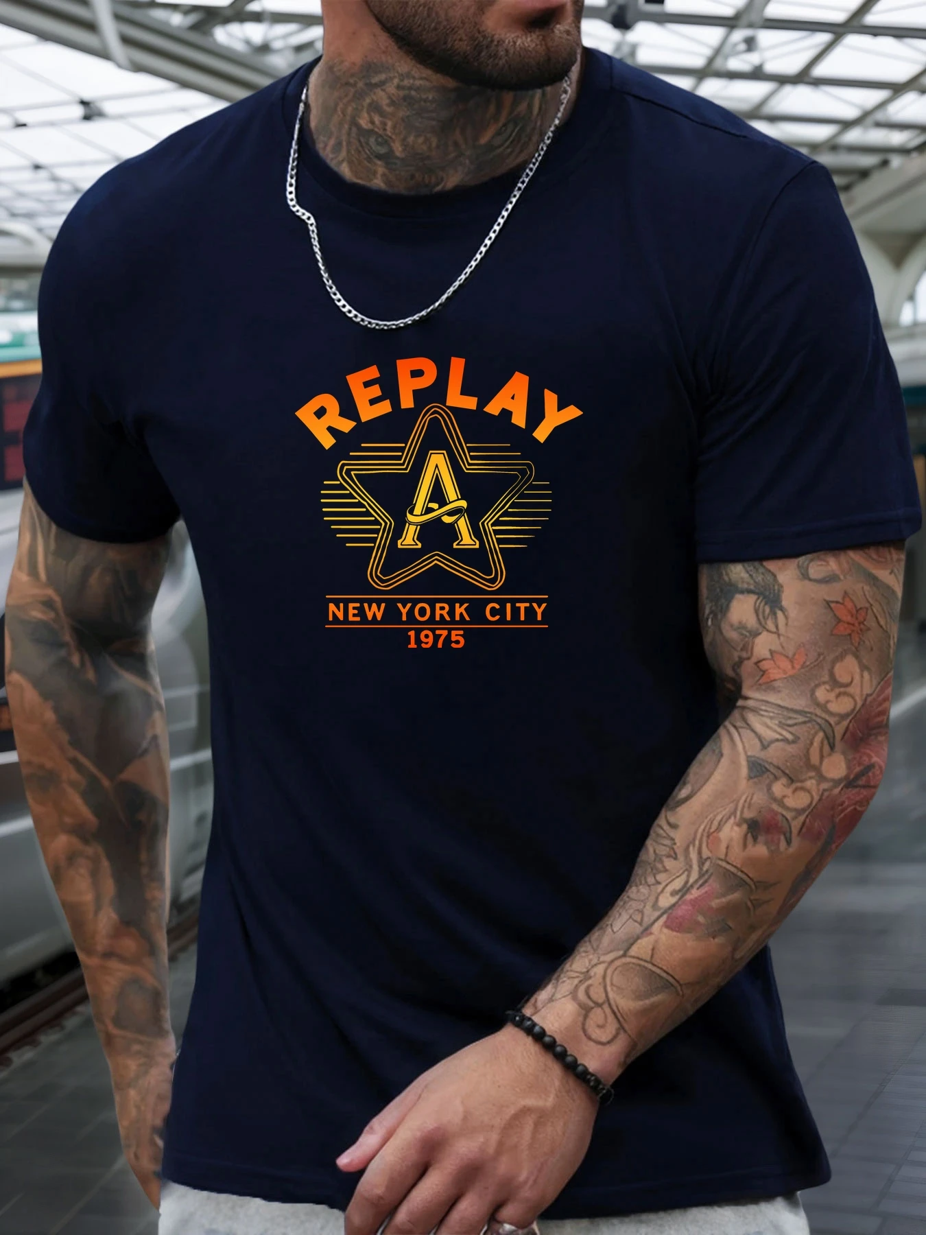 تي شيرت بأكمام قصيرة REPLAY للرجال 100 ٪ قطن نمط مطبوع قميص صيفي بياقة دائرية بمرور الهواء تي شيرت رائع كاجوال فاشن