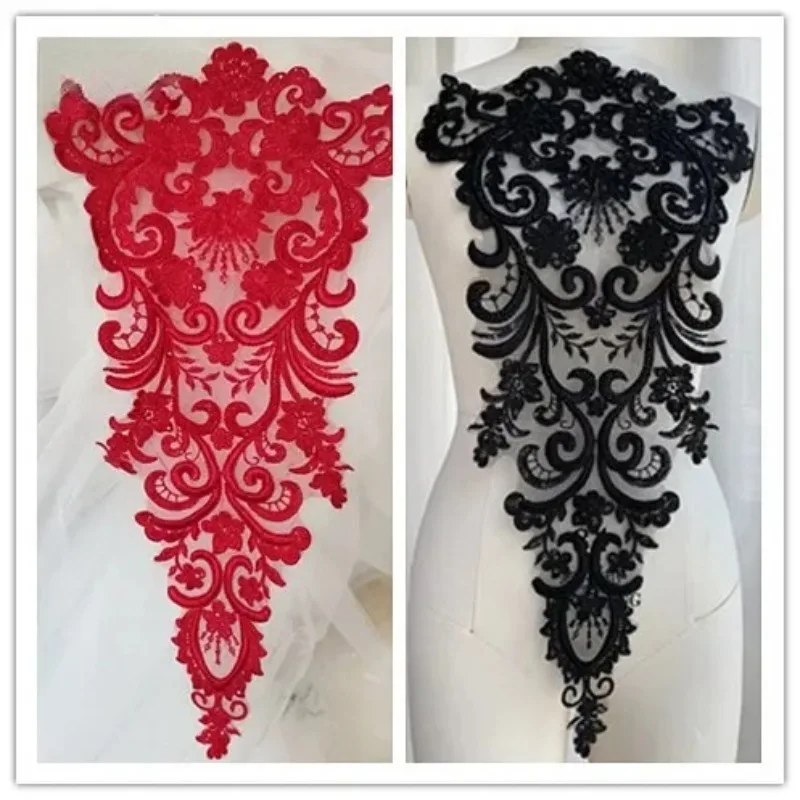 

2PCS Black Red Ivory Beaded Luxury Embroidery Lace Back Flower Stickers Wedding Dress Fashion Show Decoration Handmade
