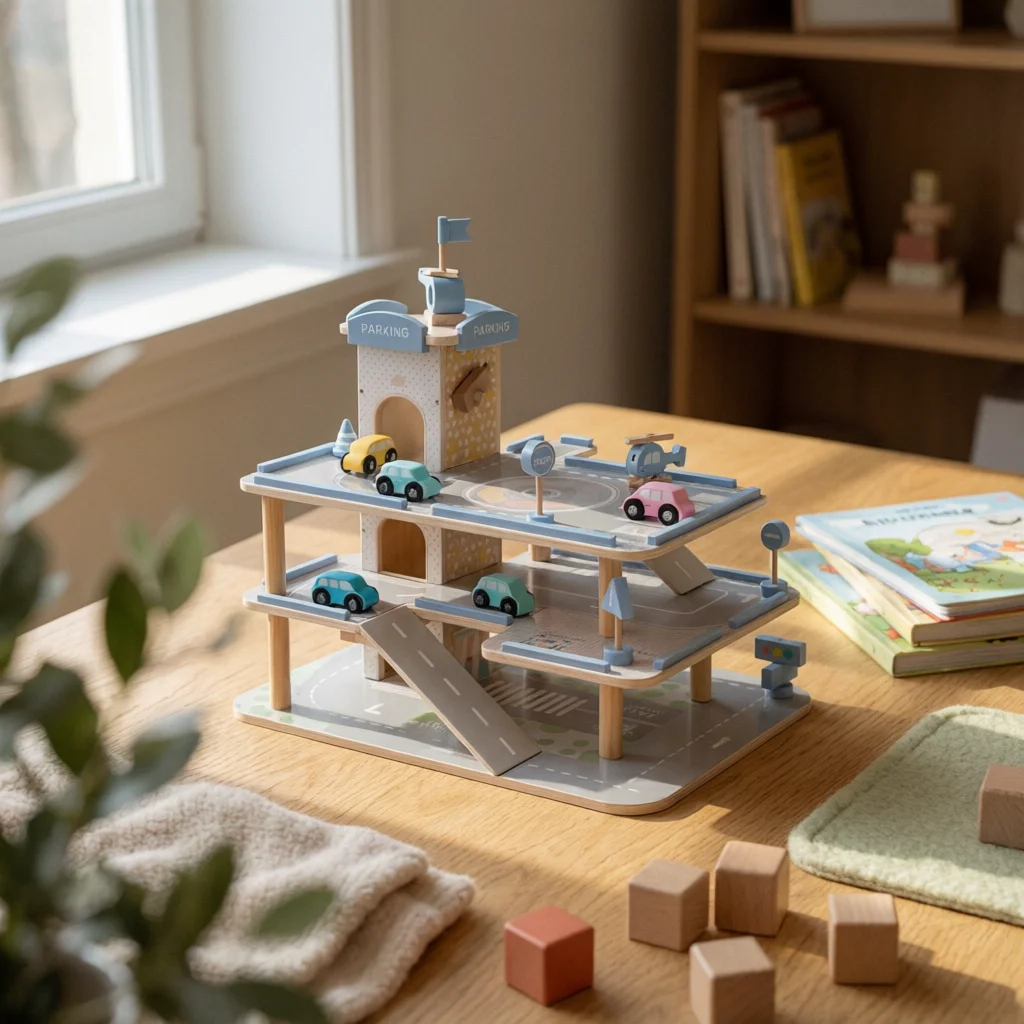 Toy Car Garage with Ramp Wooden Garage with Ramps Parking Center Playset for Preschool Learning