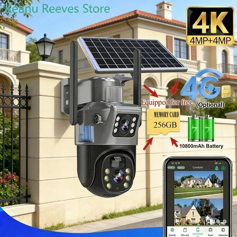 Cámara de Seguridad Inalámbrica Solar 4K 8MP, Tarjeta SIM Gratis, Memoria de 256 GB, Cámara de Vigilancia IP para Exteriores con Pantalla Dual