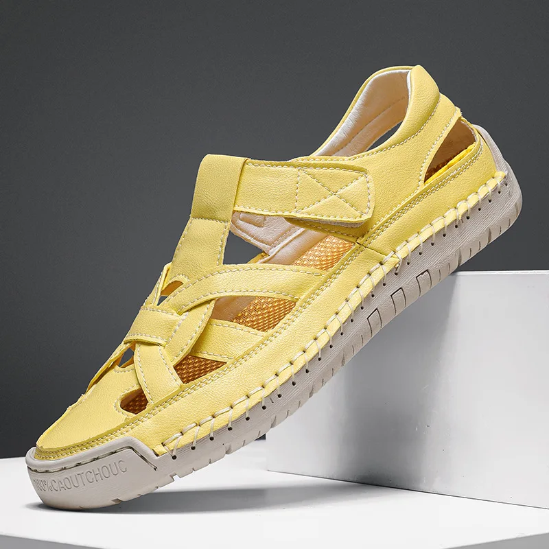 Summer Fashion High Quality Handmade Leather Sandals Men Breathable Hollow Out Shoe Outdoor Soft Sole Men Antiskid Beach Sandals
