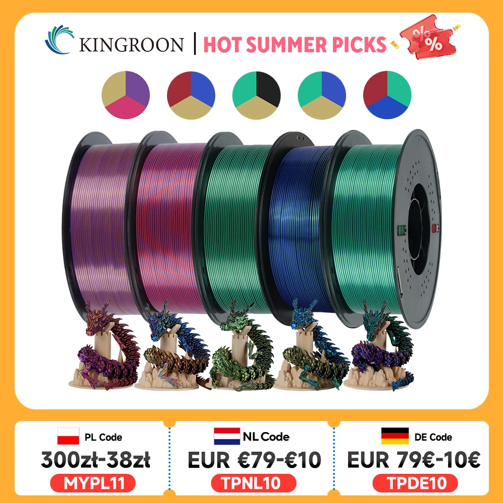 

KINGROON 5KG Silk Tricolor PLA Filament 1.75mm, Three-colour Coextrusion 3D Printing Material, New Color Change, 5Roll 1kg/Spool