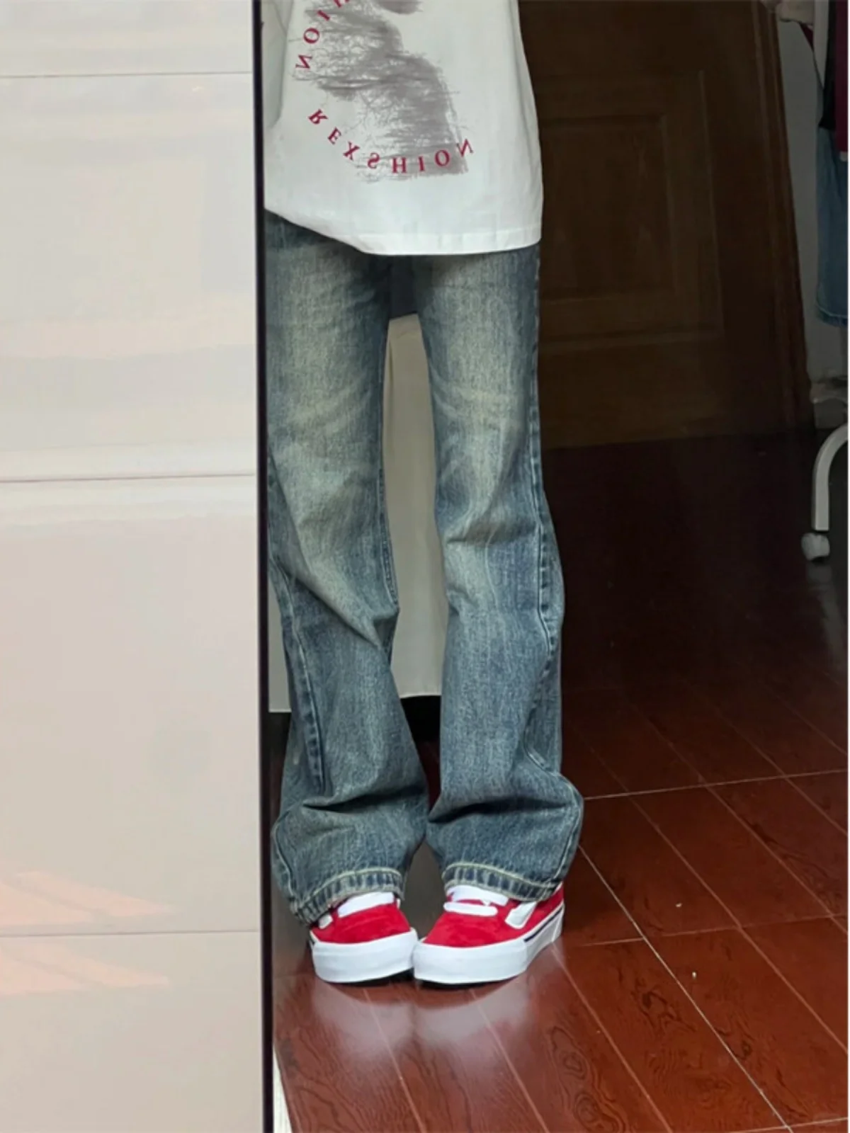 

Retro Blue Flared Men's Jeans American High Street Vibe High Waist Small Size Loose Straight Wide Leg Pants Youth Trend