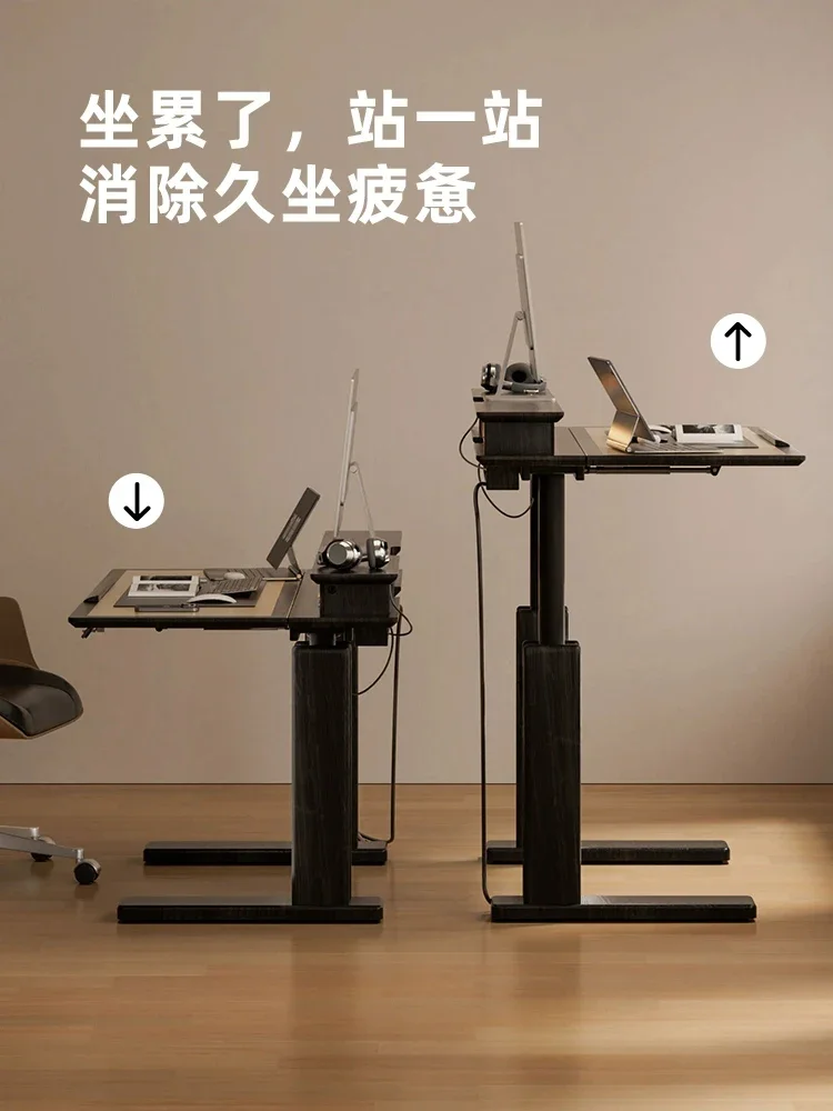 Medieval style electric lifting table automatic folding adult learning computer table bedroom home study solid wood workbench