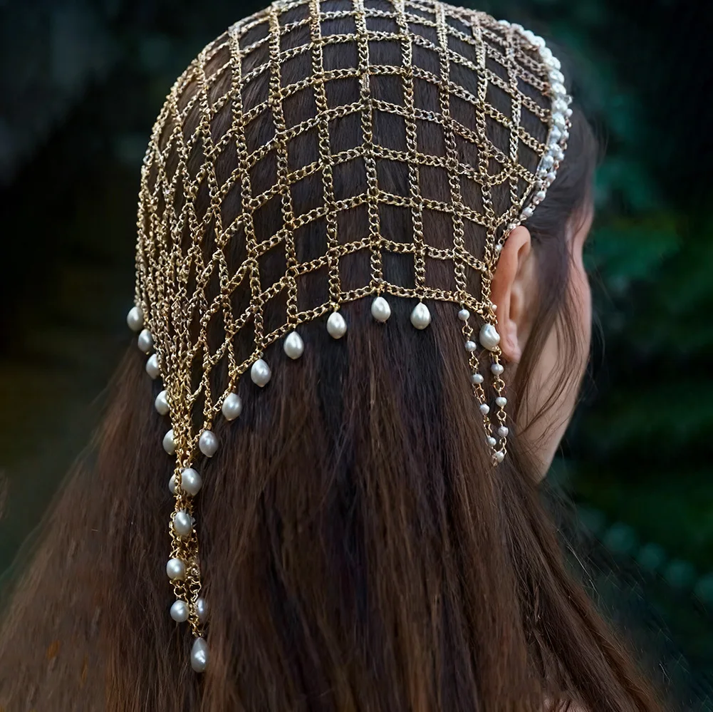 

Золотая сетчатая цепочка для волос с жемчугом и многослойными кисточками, украшение для волос в стиле бохо для вечеринок и свадеб