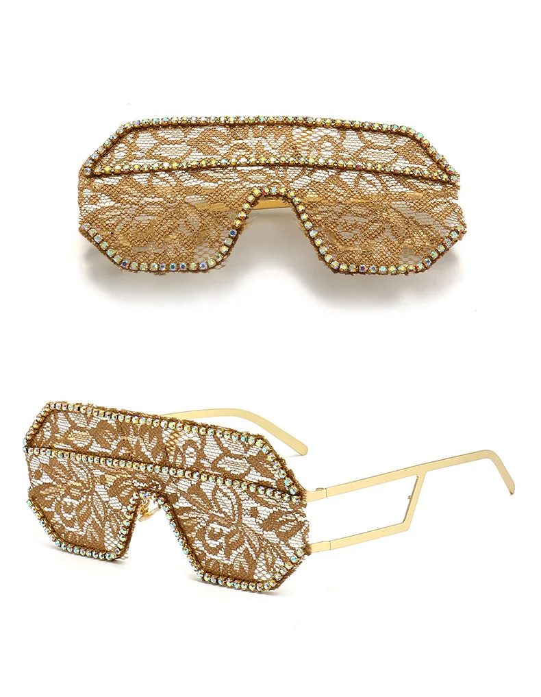 Ein Stück Floral Spitze Sonnenbrille Frauen Punk Großen Rahmen Diamant Sonnenbrille Weibliche Flache Top Strass Outdoor Fashion Brillen – Detail 16