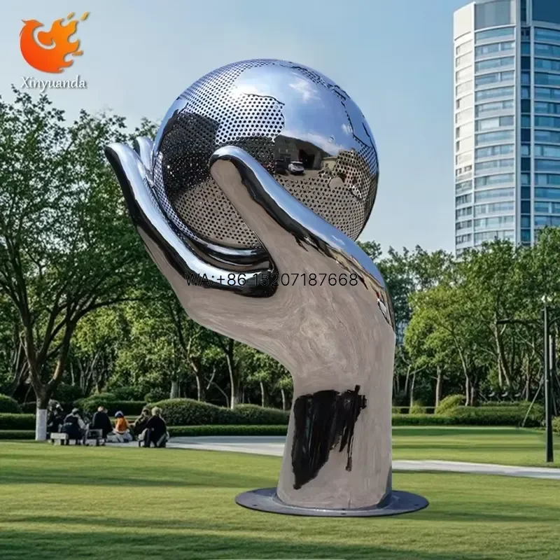 Wmwmnu Custom Large Outdoor Stainless Steel Mirror Hollow Sculpture Hand Holding Earth Ornament Polished Technique for Scenic