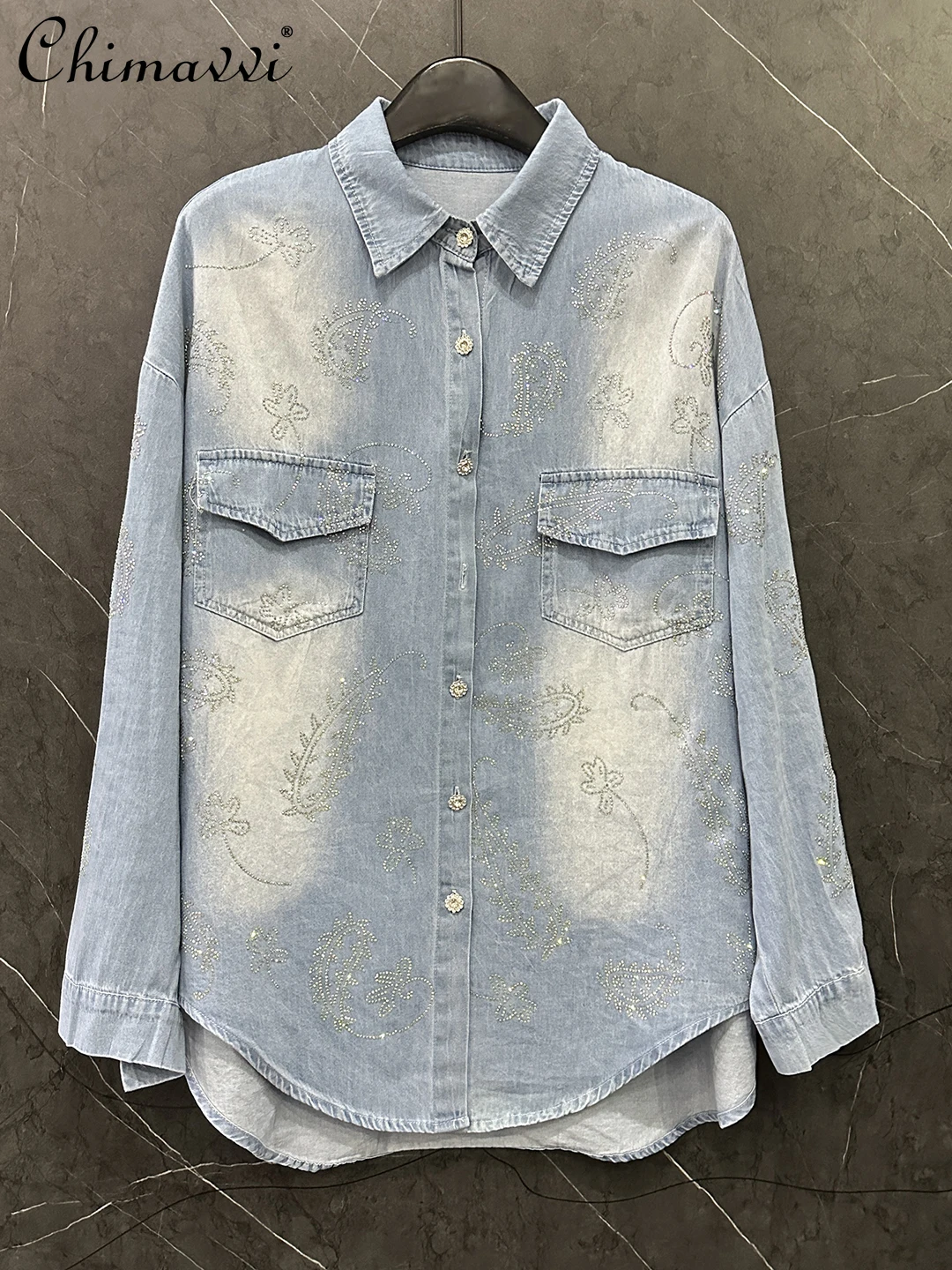 

2025 Autumn Clothes New Heavy Rhinestone Design Denim Shirt Jacket for Women Loose Casual Streetwear Fashion Long Sleeve Top