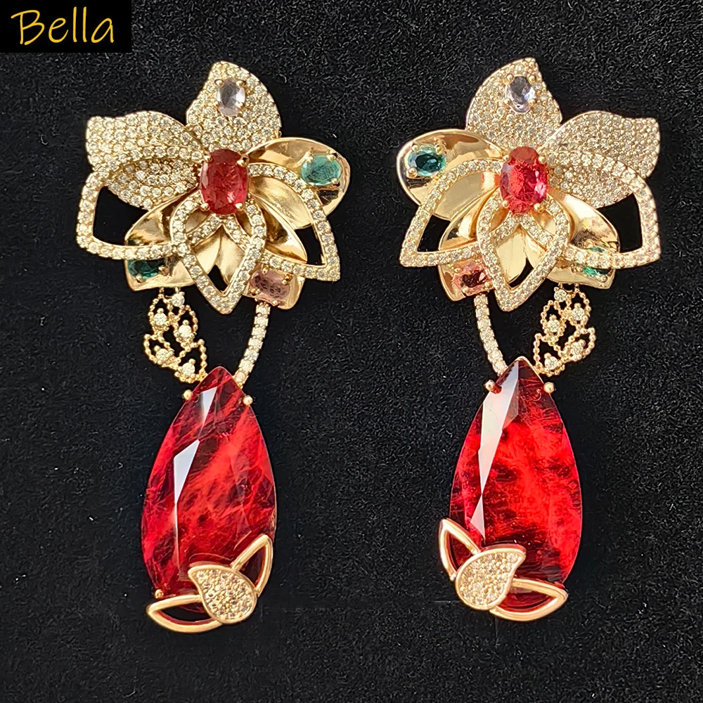 

large flower earrings gold color zirconia water drop pendant earrings red green transparent dinner party women jewelry