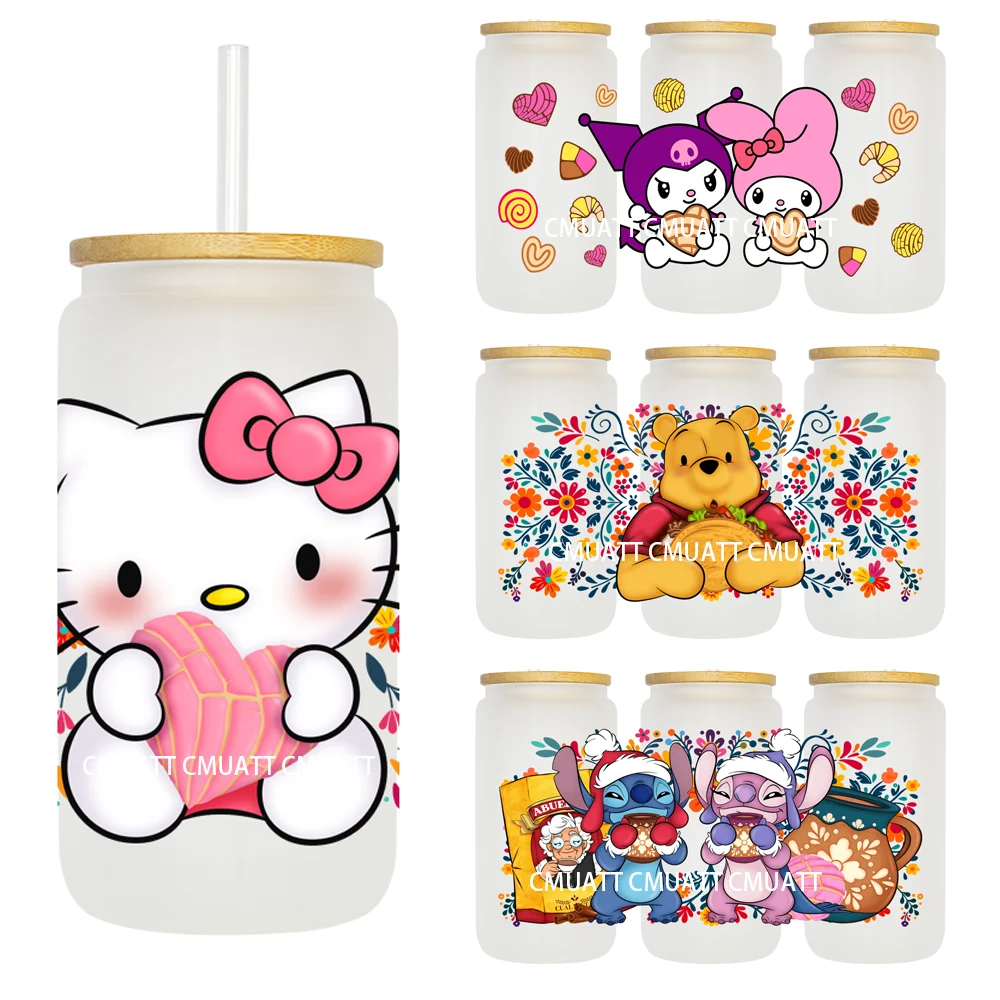 Mexican Cute Cats And Bears 16OZ UV DTF Cup Wrap Transfer Sticker Custom Label DIY Durable Waterproof Logo For Libbey Glass Can