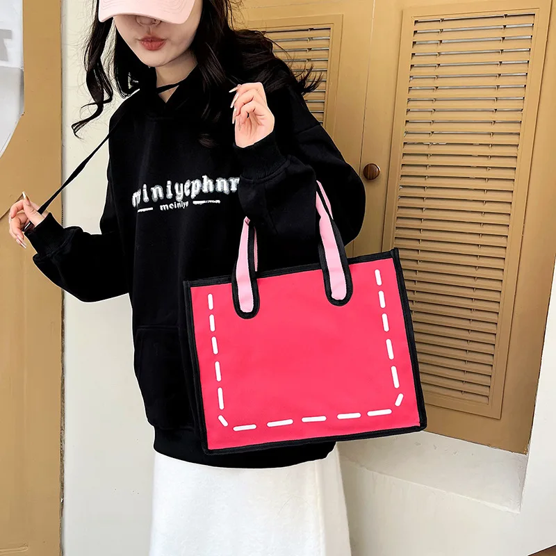 3D Drawing Shoulder Bag Women Handbag Creative Cartoon Drawing Comic Underarm Canvas Bag Girls Students Shopping Bag Tote