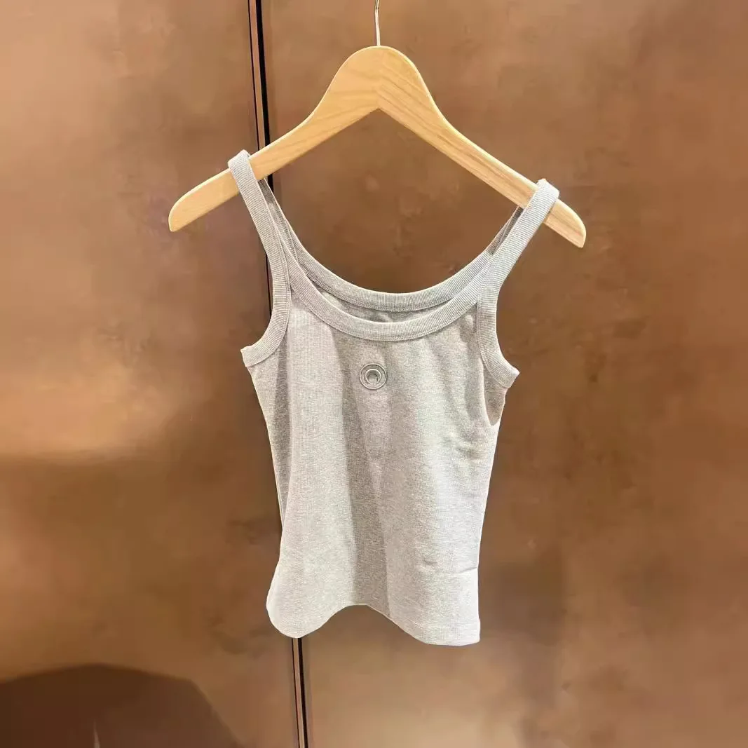 Cotton Threaded Vest Women Summer New Fashion High Street Sexy Moon Embroidery Slim Fit Versatile Solid Color Sleeveless Top