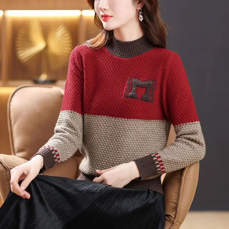 2023 New Autumn and Winter Fashion Half High Collar Spliced Knitted Long Sleeve Stylish and Thickened Women's Casual Sweater