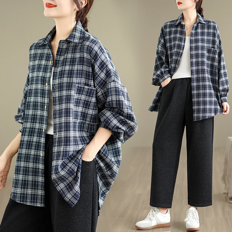 

New Large Size Women's Loose Long Sve Casual Plaid Single Button irt Cardigan Outerwear Versatile Classic Cotton Polyest...