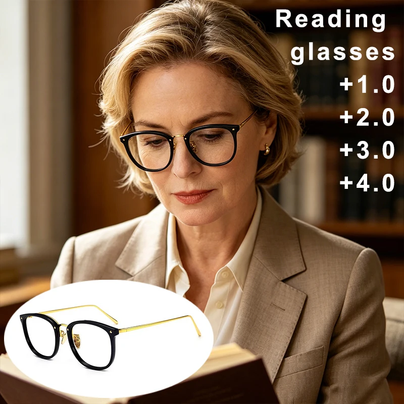 Elegante Quadratische Ovale Damen-Lesebrille mit Blaulichtfilter, Goldfarbene Bügel, Klare Presbyopie-Brille