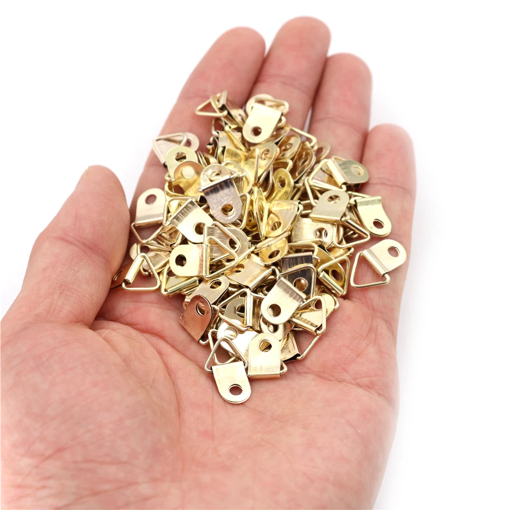 100pcs/lot Mini Golden Triangle D-Ring Picture Oil Painting Mirror Photo Frame Hook Hanger 10x20mm Furniture Accessories