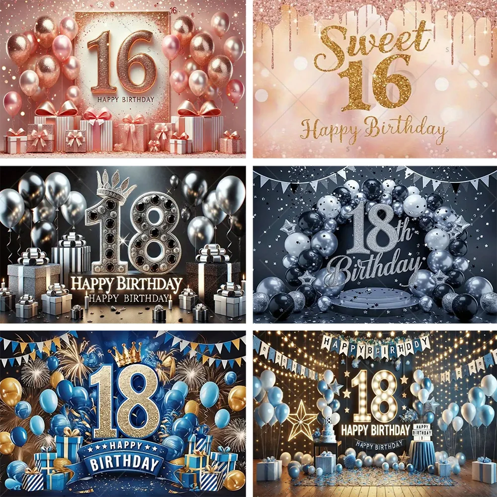 

Golden Shining Birthday Party Decoration Background 16 18th Happy Birthday Colorful Balloon Backdrop Supplies Photo Shoot Props