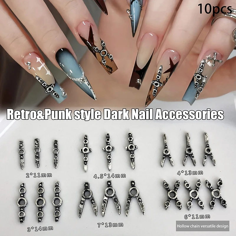 Breloques en métal lourd de style Punk pour Nail Art, accessoires en alliage pour décoration d'ongles rétro, fournitures de manucure, 10 pièces
