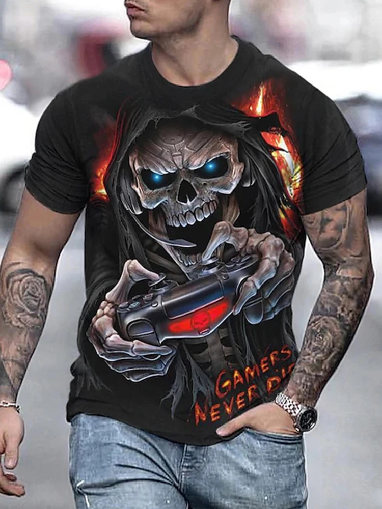 Halloween 3D Skull Print Street Hip Hop Style Round Neck Men's Short Sleeve Everyday Casual Comfort Men's T-shirt S-6XL