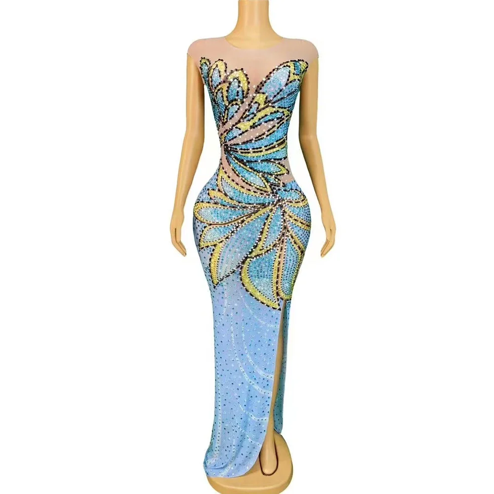 

Transparent Stretch Outfit Club Birthday Party Photoshoot Collections Sexy Stage Orange Colorful Rhinestones Sleeveless Dress