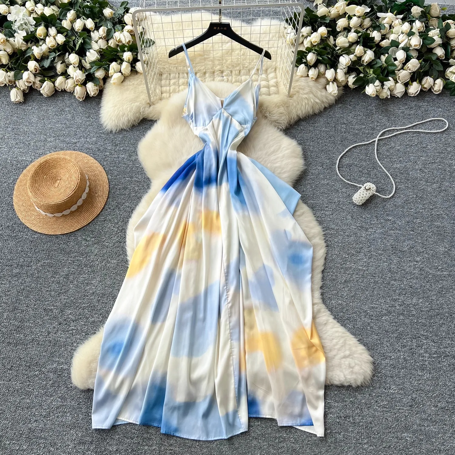 

Синее платье с принтом, женское платье без рукавов для летних каникул, вечерние платья, облегающее платье для подиума, элегантная одежда, женская шикарная одежда