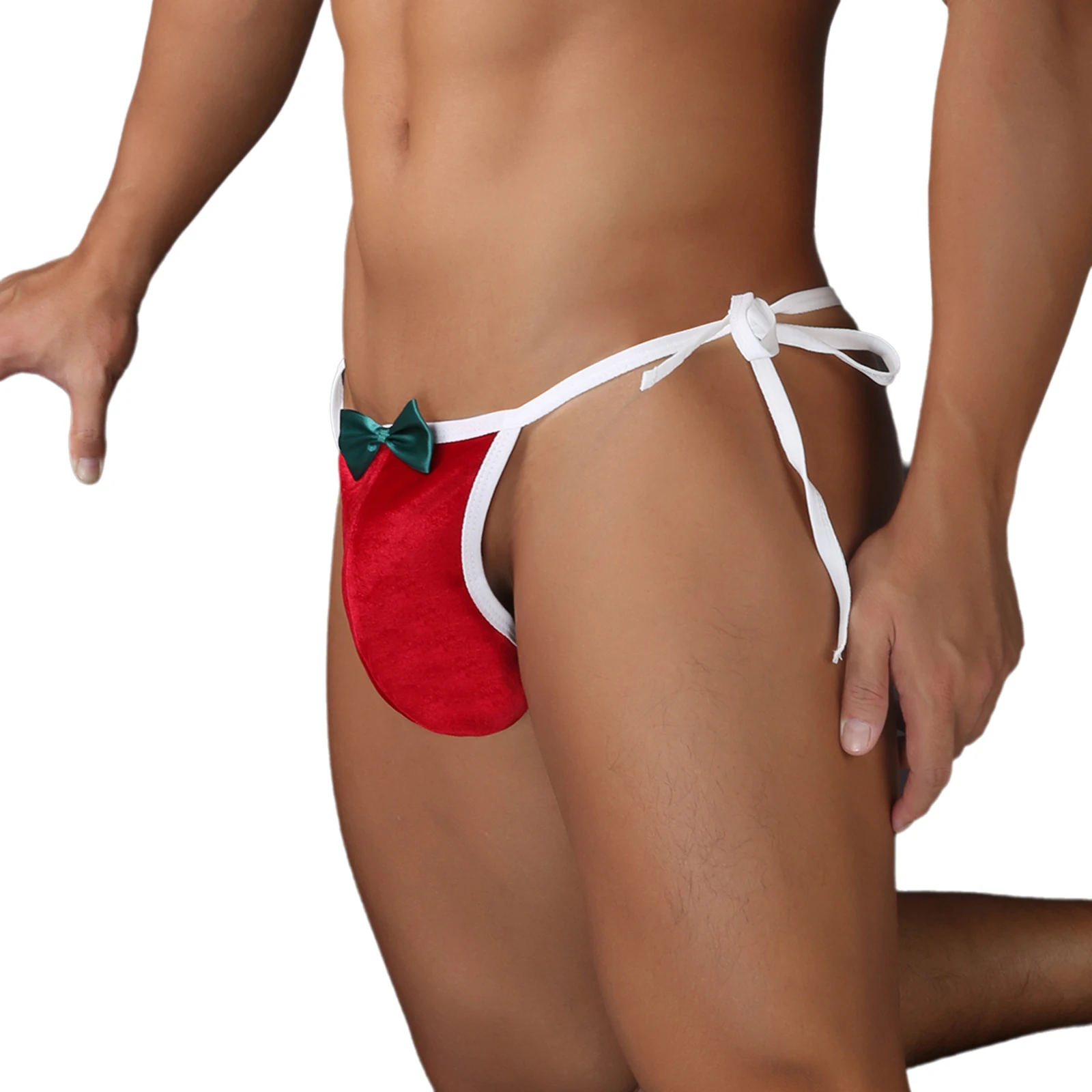 ملابس داخلية رجالية سيسي منخفضة الارتفاع برباط على شكل حرف T من الخلف ملابس داخلية حمراء ملونة مخملية سانتا عيد الميلاد ثونج مضحكة لألعاب الزوجين المثليين #3