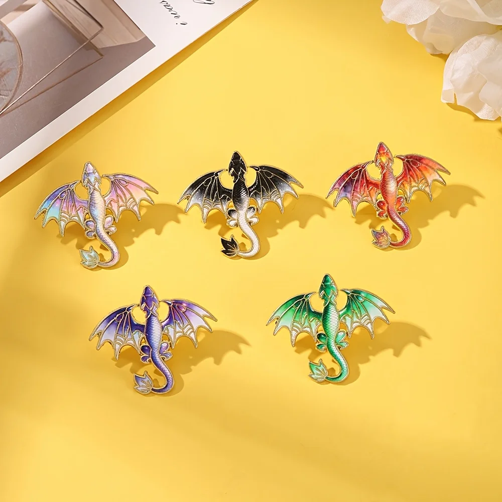Multicolor Winged Dragon Enamel Pin Set, Gold Edged Fantasy Beast Brooches, Gothic Mythical Creature Metal Badges for Jackets