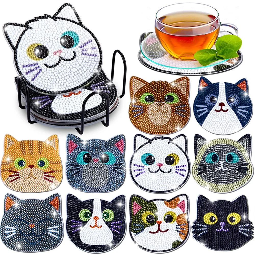 

10PCS Diamond Painting Coasters Set Cat Theme Diamond Art Coasters Arts Crafts DIY Kits for Adults aKids Gift Valentine's Day