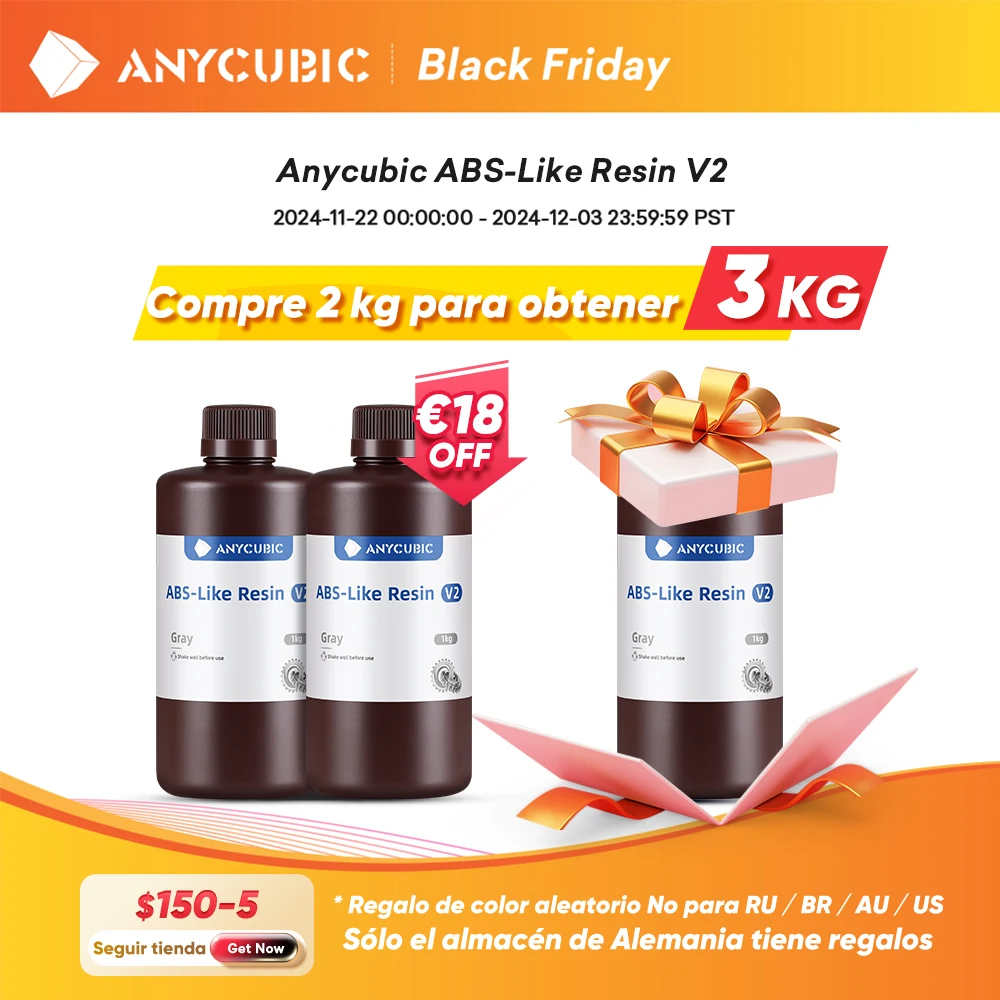 ANYCUBIC Buy 2kg Get 3kg ABS-Like Resin V2 Water-Washable 405nm Photopolymer Resin 3D Resin High Precision for LCD 3D Printer