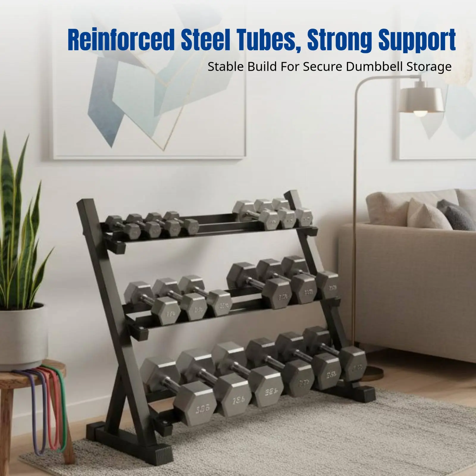 Picture 3: 3-Tier Adjustable Dumbbell Storage Rack, Sturdy Steel Weight Stand, Home Gym Organizer, Multi-Level Design
